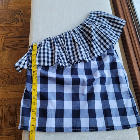 New! J.Crew Sz 6 Blue White Gingham Plaid One Ruffle Shoulder Summer Top - Picture 9 of 10
